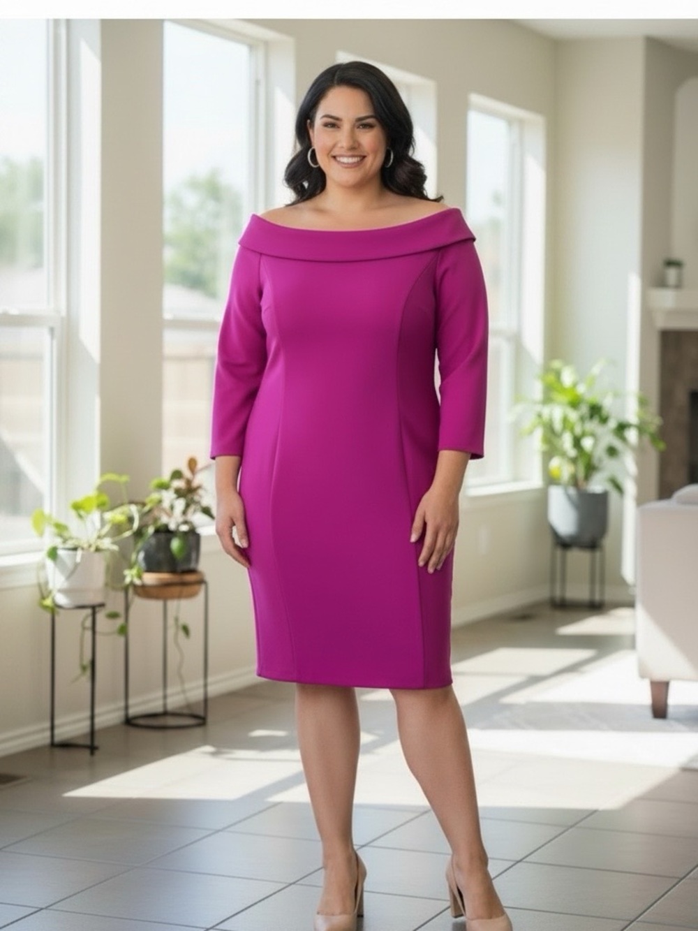 Adrianna Papell Off-the-Shoulder Midi Dress in Fuchsia